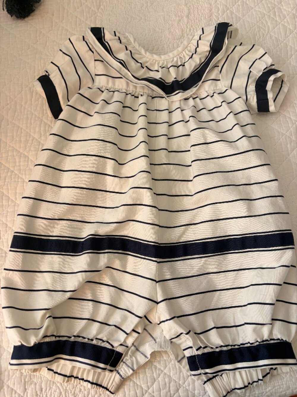 Vintage Sylvia Whyte Navy Pinstripe Ruffle Romper with Ribbon Trim, Size X-L